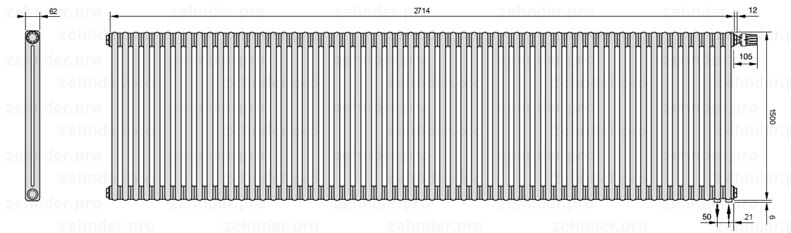 Схема (чертеж) Радиатор Zehnder Charleston 2150/59 №V002 Белый глянцевый RAL 9016